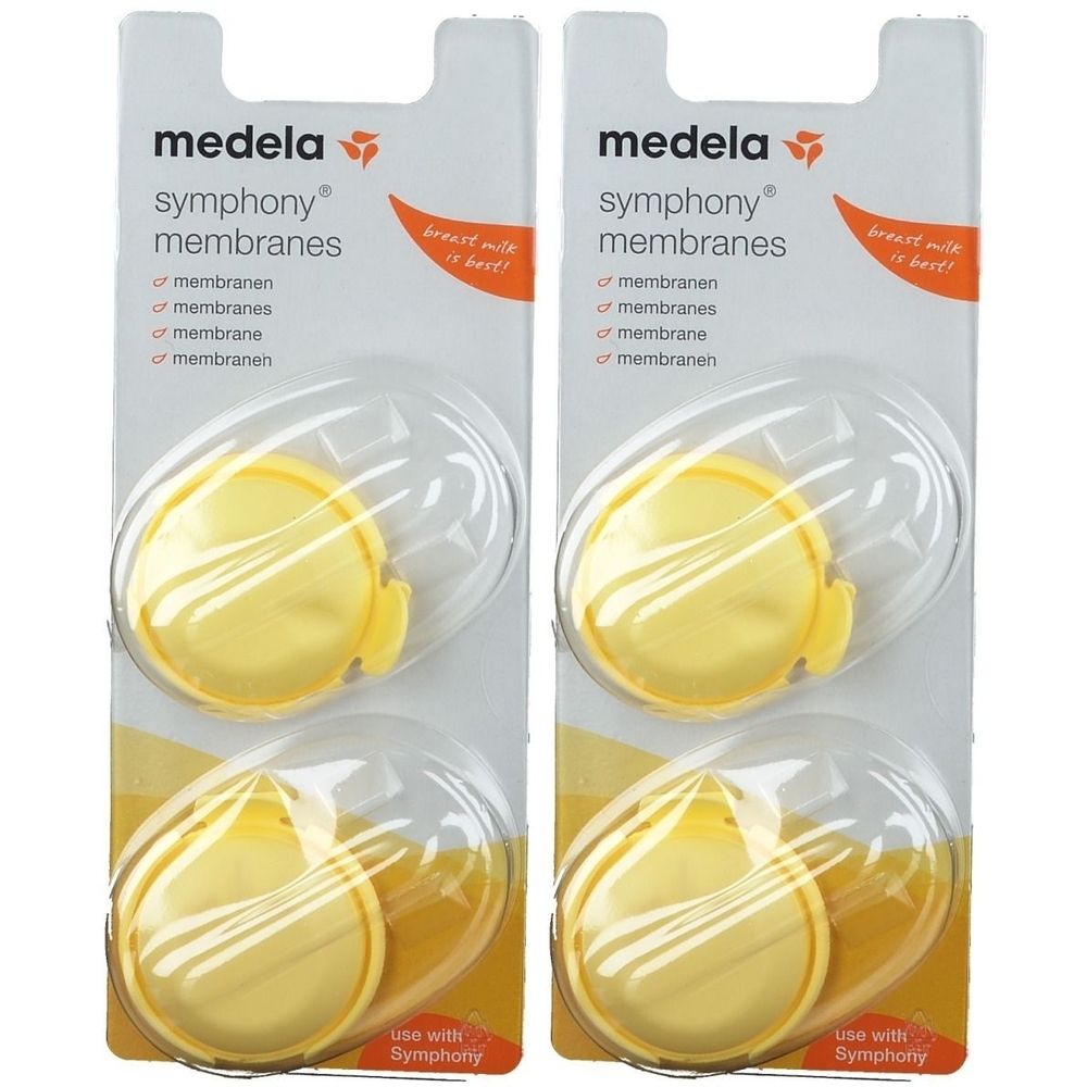 Deux paquets de membranes Medela Symphony. Chaque paquet contient deux membranes jaunes en blister. Texte: breast milk is best!