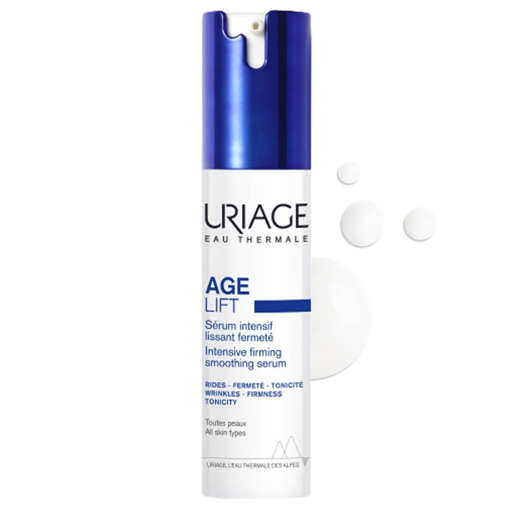 Un flacon de sérum Uriage Age Lift. Flacon blanc et bleu avec pompe. Texte: Age Lift, sérum intensif lissant. Gouttes.