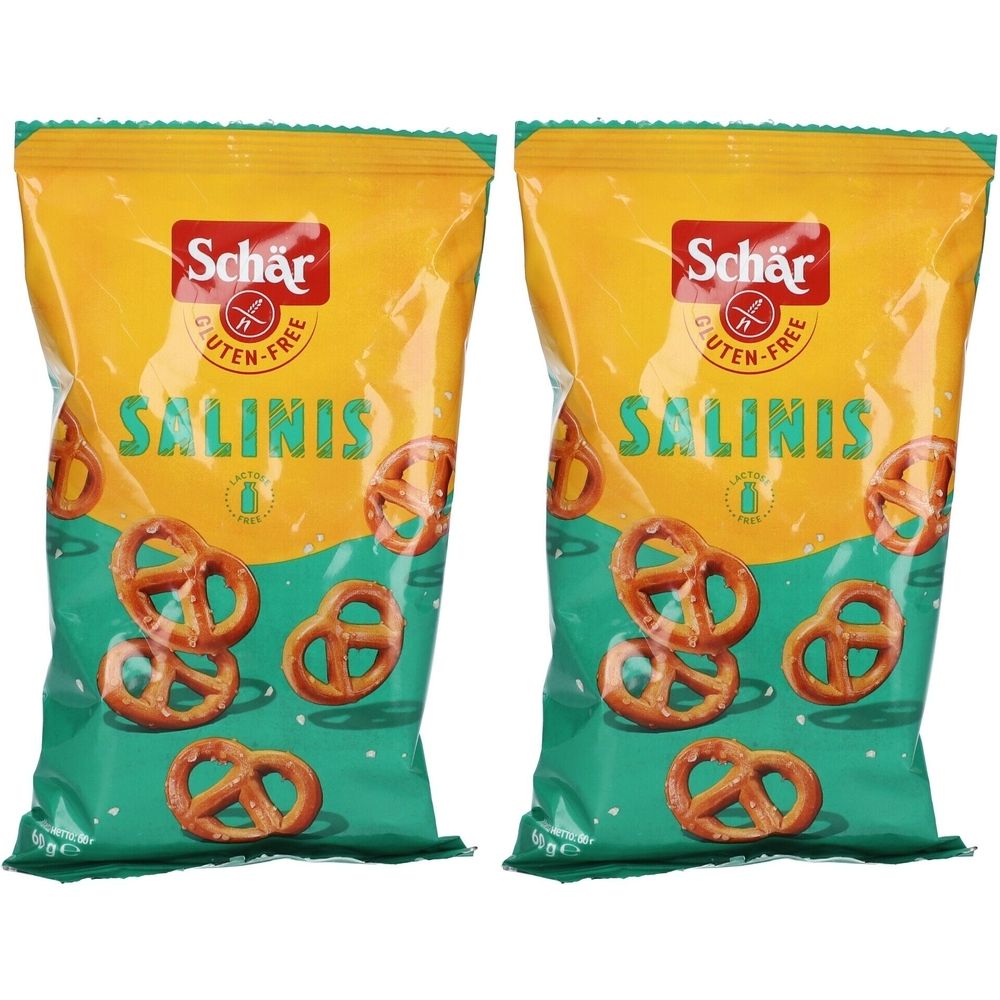 Deux paquets de bretzels Schär Salinis. Emballage jaune et vert avec image du produit et logo sans gluten.