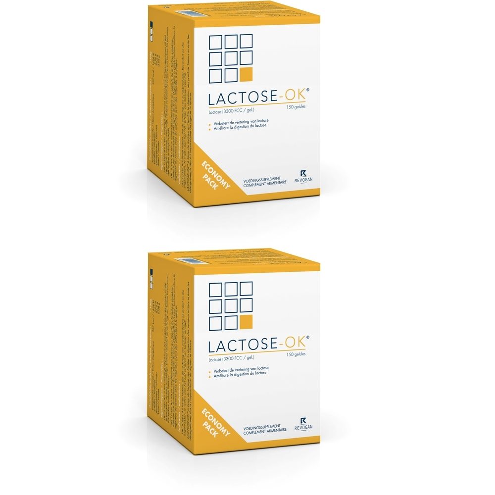 Deux boîtes carrées. Impression : LACTOSE-OK*, 120 g, pack économique. Fond blanc, accents jaunes.