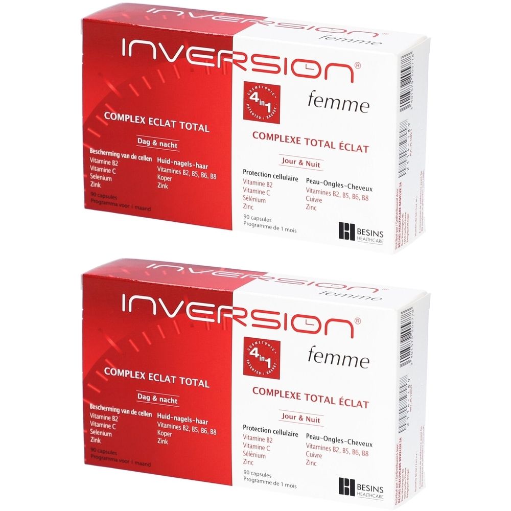 Deux boîtes INVERSION® femme. Emballage blanc avec texte rouge. Contient des informations sur les ingrédients et le logo.