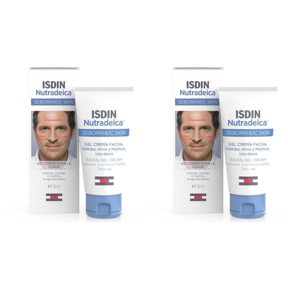 Deux tubes et boîtes. Sur les tubes et les boîtes, il est écrit ISDIN Nutradeica. Sur les tubes, il est écrit "GEL CREMA FACIAL".