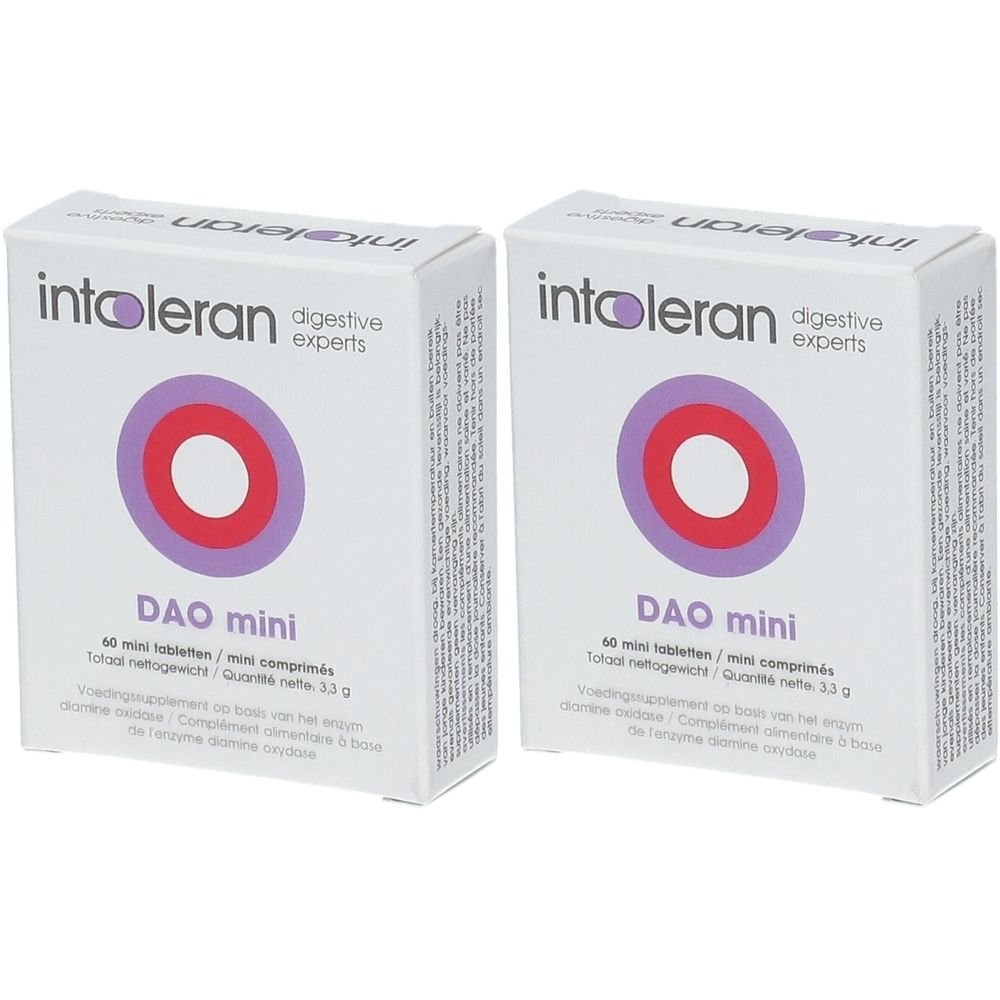 Zwei weiße Schachteln mit dem Logo von Intoleran. Auf jeder Schachtel steht "DAO mini".