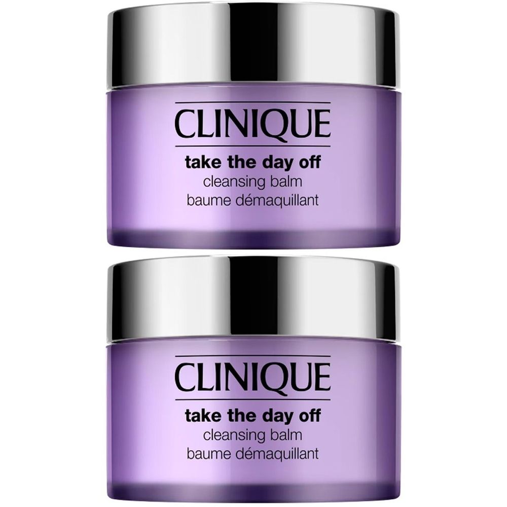 Zwei lila Tiegel mit silbernen Deckeln. Aufschrift: CLINIQUE, take the day off, cleansing balm, baume démaquillant.