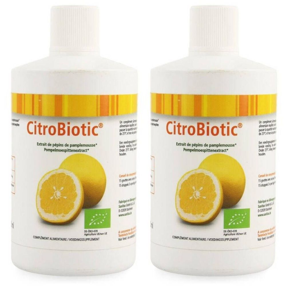 Deux flacons blancs avec étiquettes jaune et orange. Inscription CitroBiotic, Extrait de pépins de pamplemousse. Illustration de pamplemousse.