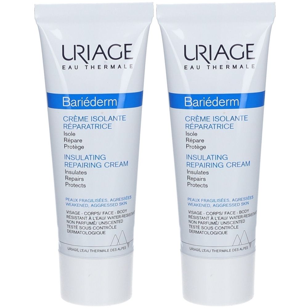 Deux tubes de crème réparatrice isolante Uriage Bariéderm. Tubes blancs avec texte bleu et logo.