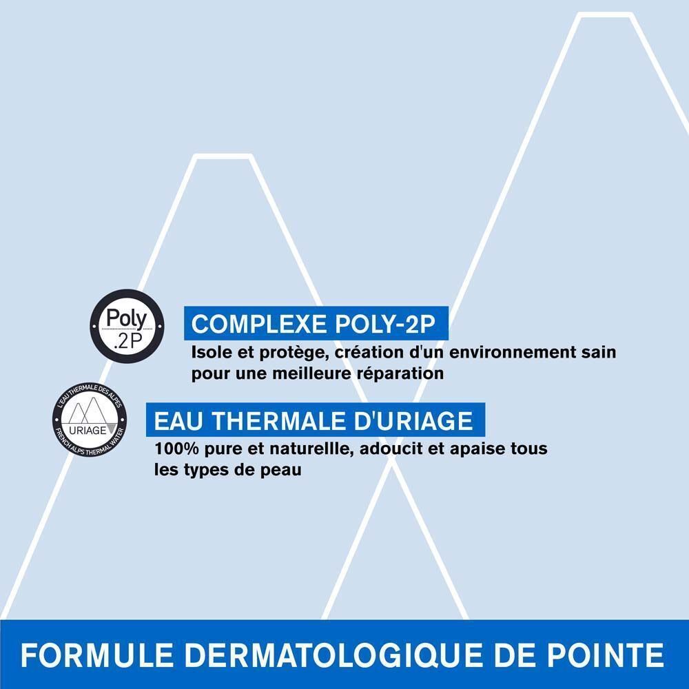 Graphique avec texte: Complexe Poly-2P, Eau Thermale d'Uriage. Logo Uriage. Formule dermatologique de pointe.