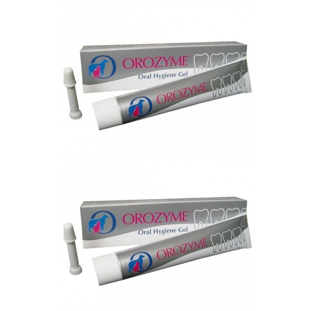 Deux tubes et deux applicateurs. Dentifrice OROZYME au goût de malt pour chiens et chats. Emballage avec logo et texte.