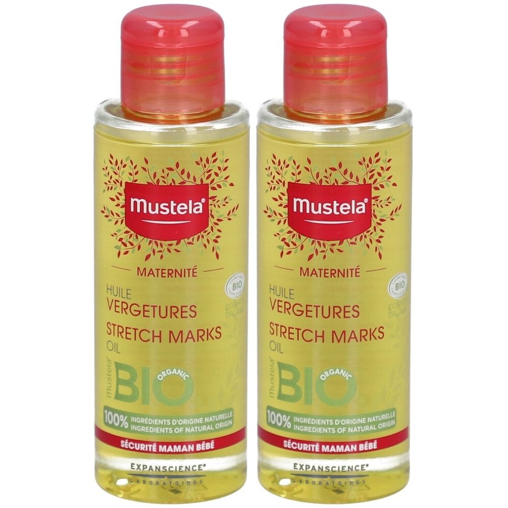 Zwei Flaschen mit rotem Verschluss. Aufschrift: Mustela, Maternité, Huile Vergetures, Stretch Marks Oil, Bio. 100% natürliche Inhaltsstoffe.