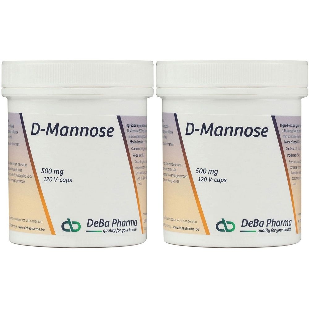 Zwei weiße Behälter mit der Aufschrift "D-Mannose 500 mg 120 V-caps". Logo von DeBa Pharma. Aufschrift "quality for your health".