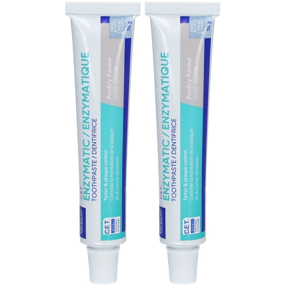 Deux tubes de dentifrice. Inscription: ENZYMATIC/ENZYMATIQUE, goût volaille. Contrôle le tartre et la plaque. Marque C.E.T.