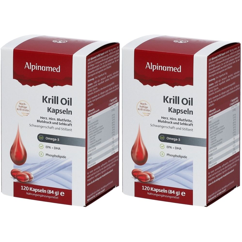 Deux boîtes de gélules Alpinamed Krill Oil. Boîtes blanches avec couvercle rouge. Inscription : Krill Oil Kapseln, Omega-3, EPA+DHA, Phospholipides.