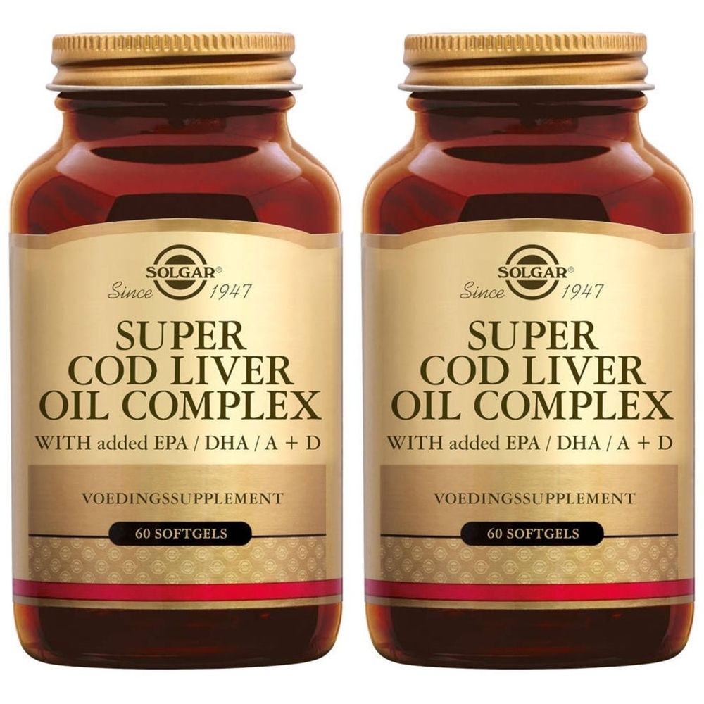 Deux flacons de Solgar Super Cod Liver Oil Complex. Inscription: Super Cod Liver Oil Complex, avec EPA/DHA/A+D. 60 gélules.