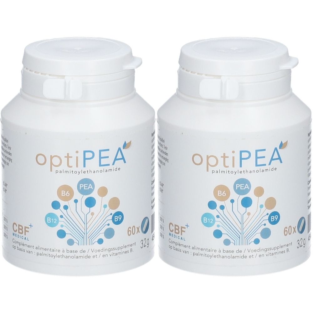 Deux flacons blancs "optiPEA Palmitoylethanolamide". Inscriptions : B6, PEA, B12, B9, 60x, 32g. CBF Medical. Complément alimentaire.