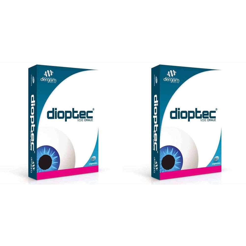 Deux boîtes de "dioptec Voie orale". Chaque boîte présente un œil. Le logo "dergam" est visible.
