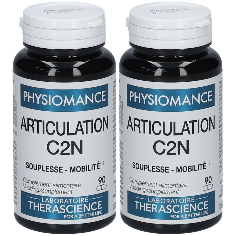 Zwei Flaschen mit dem Produktnamen PHYSIOMANCE ARTICULATION C2N. Aufschrift: Souplesse-Mobilité, 90 Kapseln. Laboratoire Therascience.