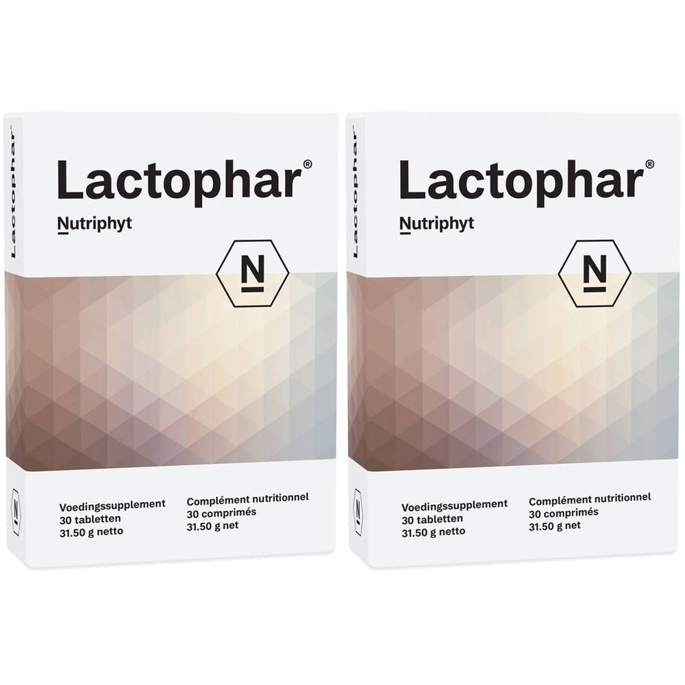 Zwei Schachteln Lactophar. Aufschrift Lactophar, Nutriphyt, N-Logo, Voedingssupplement, 30 Tabletten, 31.50 g netto, Complément nutritionnel, 30 comprimés, 31.50 g net.