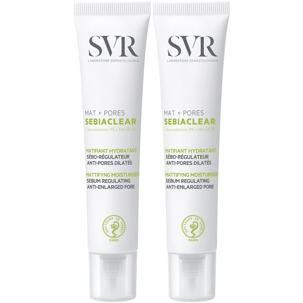 Zwei Tuben SVR Sebiaclear Mat + Pores. Weiße Tuben mit Schriftzug und Logo. Text: Mattierendes Feuchtigkeitspflege, Anti-Poren.
