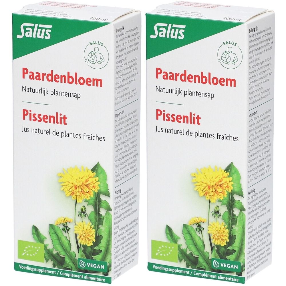 Zwei weiße Kartons mit grünen Akzenten. Aufschrift: Salus, Paardenbloem, Pissenlit. Mit Bio-Siegel und Vegan-Logo.