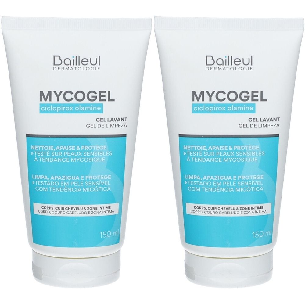 Deux tubes de MYCOGEL, blanc avec étiquette bleue. Inscription : ciclopirox olamine, Gel lavant. 150 ml.