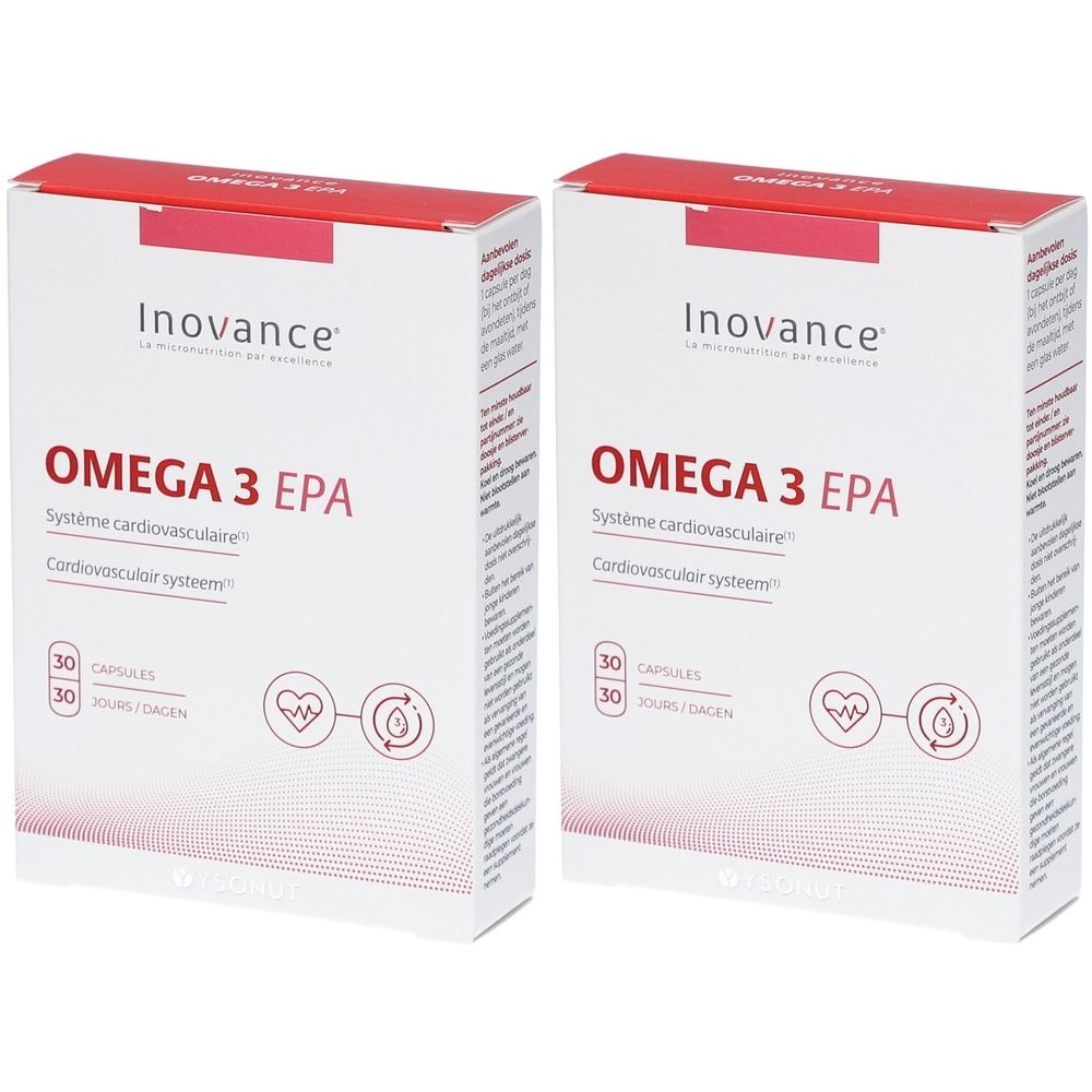 Zwei weiße Kartons mit roter Schrift. Aufgedruckt ist "OMEGA 3 EPA" und "Inovance".
