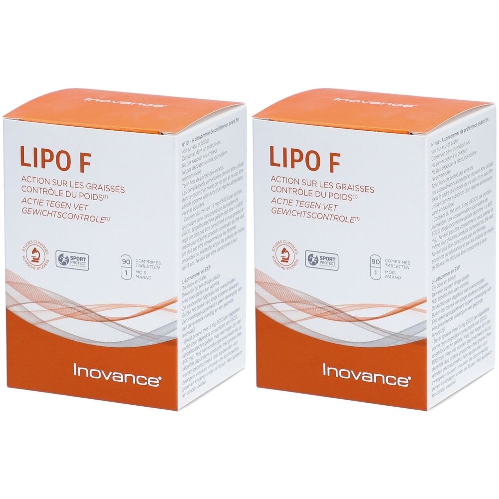 Deux boîtes rectangulaires avec couvercles orange. Inscription : LIPO F, Inovance. Texte en français, néerlandais. Avec logos.