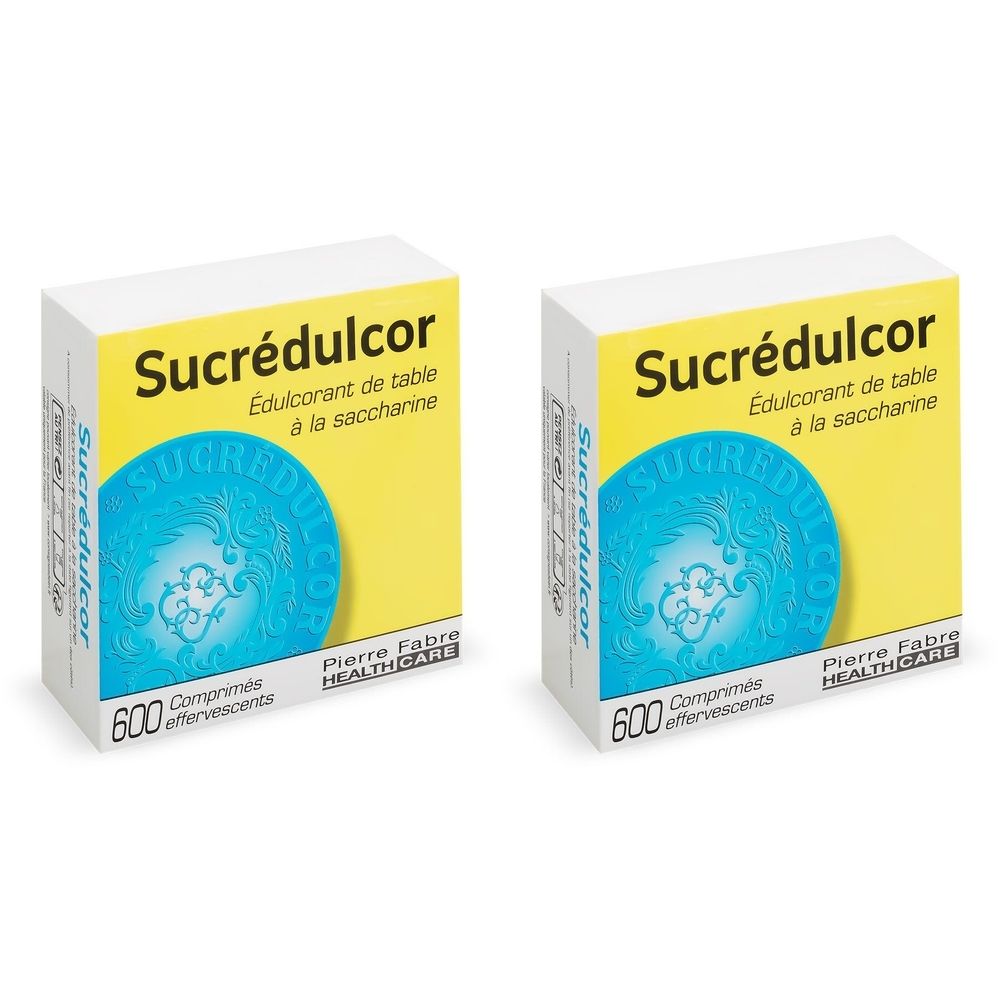 Zwei Schachteln Sucrédulcor. Auf gelbem Grund steht der Produktname und die Inhaltsangabe. Blaue runde Grafik mit Schriftzug.