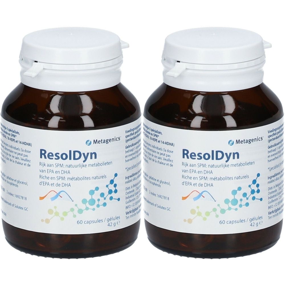 Deux flacons bruns avec des couvercles blancs. Les étiquettes indiquent "ResolDyn" et "Metagenics". Chaque flacon contient 60 gélules.