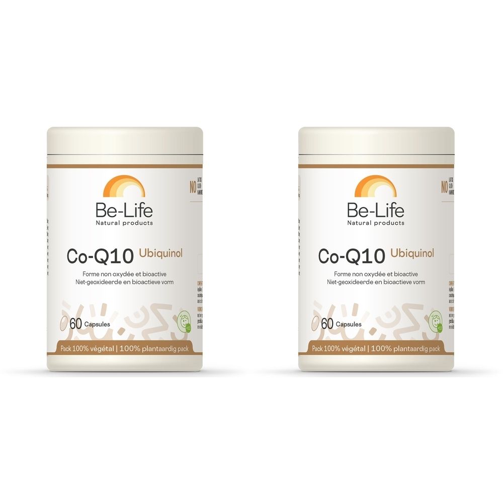 Zwei cremefarbene Behälter mit dem Logo von Be-Life und der Aufschrift Co-Q10 Ubiquinol. Aufschrift: 60 Kapseln. Verpackung: 100% vegetarisch.