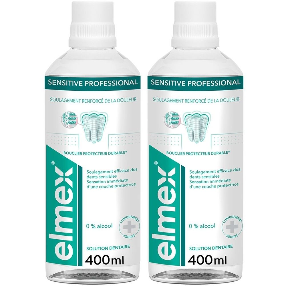 Deux flacons de bain de bouche. Inscription: Sensitive Professional, elmex. Contient 400ml. 0% alcool. Pour dents sensibles.