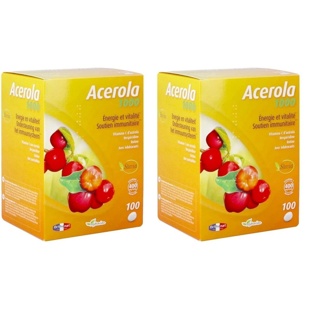 Deux boîtes jaunes "Acerola 1000". Inscriptions: Energie et vitalité, Soutien immunitaire, Vitamine C, 100 comprimés.
