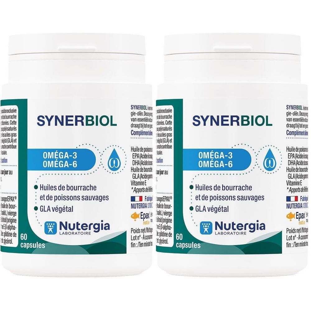 Zwei weiße Flaschen mit "Synerbiol"-Etikett. Aufschrift: Omega-3 Omega-6, 60 Kapseln. Marke: Nutergia.
