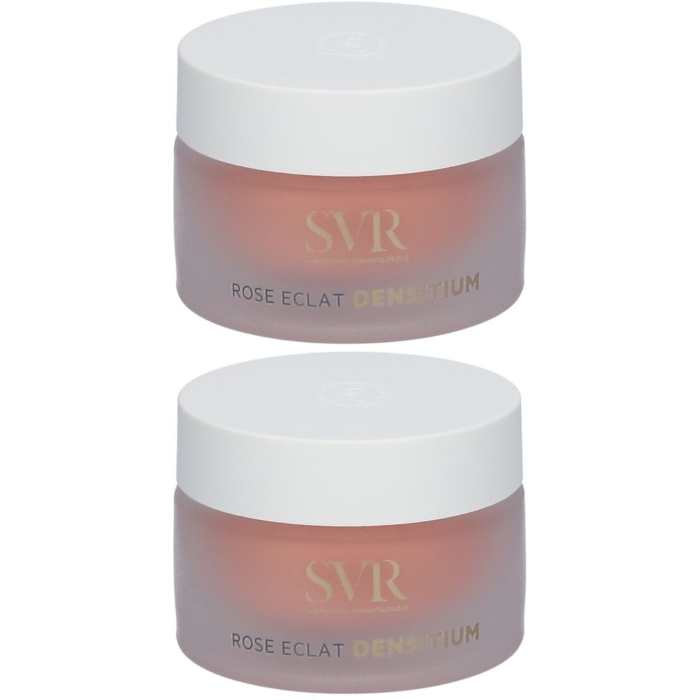 Zwei Tiegel mit weißem Deckel und rosafarbenem Inhalt. Auf den Tiegeln steht "SVR ROSE ECLAT DENSITIUM".