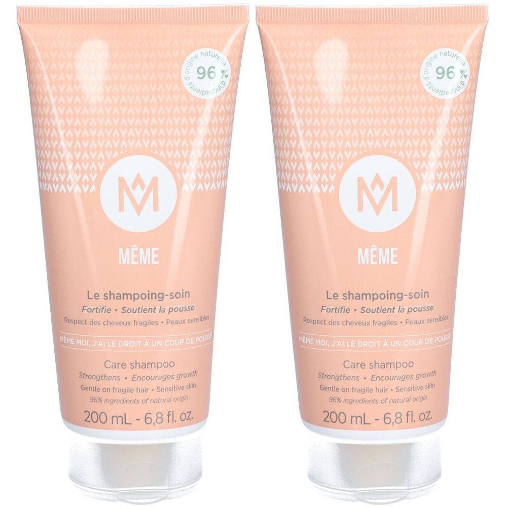 Zwei Tuben MÊME Shampoo. Rosa Verpackung mit weißem Logo und Text. 96% natürliche Inhaltsstoffe. 200 ml.