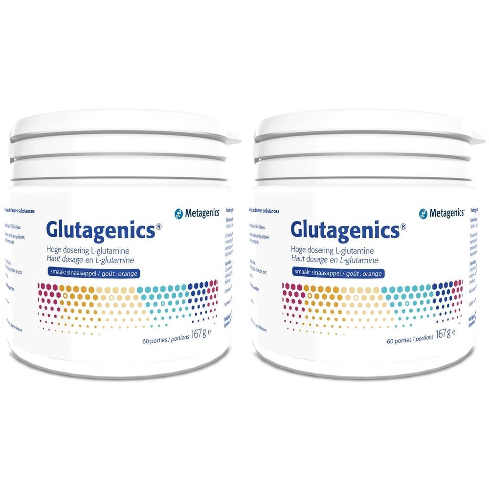 Zwei weiße Behälter mit dem Produktnamen Glutagenics. Aufschrift: Hohe Dosierung L-Glutamin. Marke Metagenics.