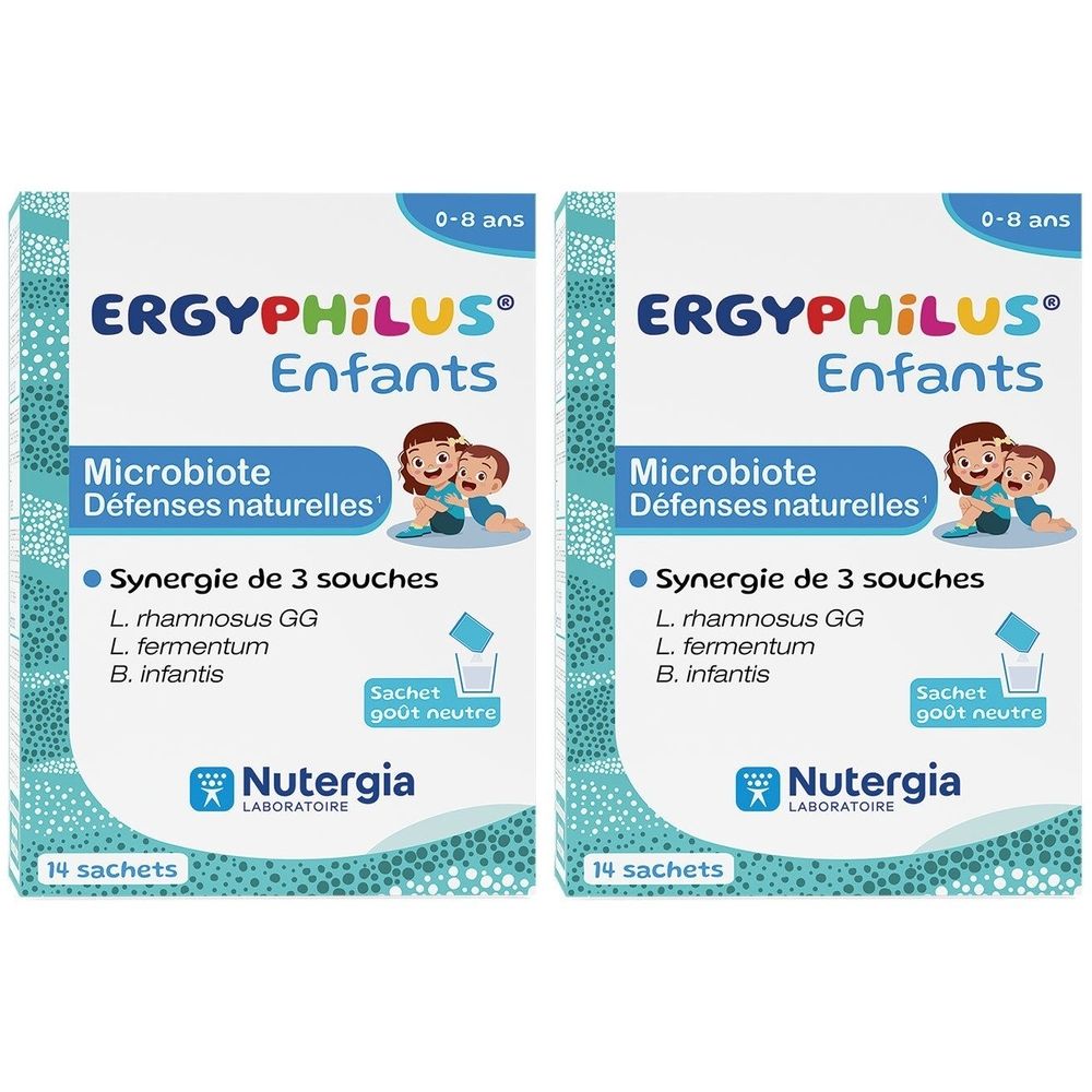 Zwei Packungen Ergyphilus Enfants. Aufschrift: Microbiote, Défenses naturelles, Synergie de 3 souches. Marke: Nutergia. 14 Sachets.