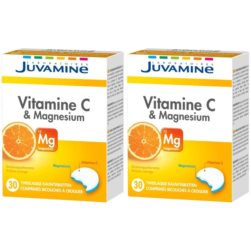 Zwei Schachteln JUVAMINE Vitamine C & Magnesium. Aufdruck: 30 Tabletten, Orange-Abbildung, Mg-Symbol.