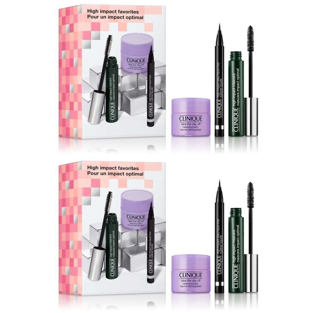 Geschenkset mit Mascara, Eyeliner und Augencreme. Verpackung mit Produktnamen und Markennamen Clinique.