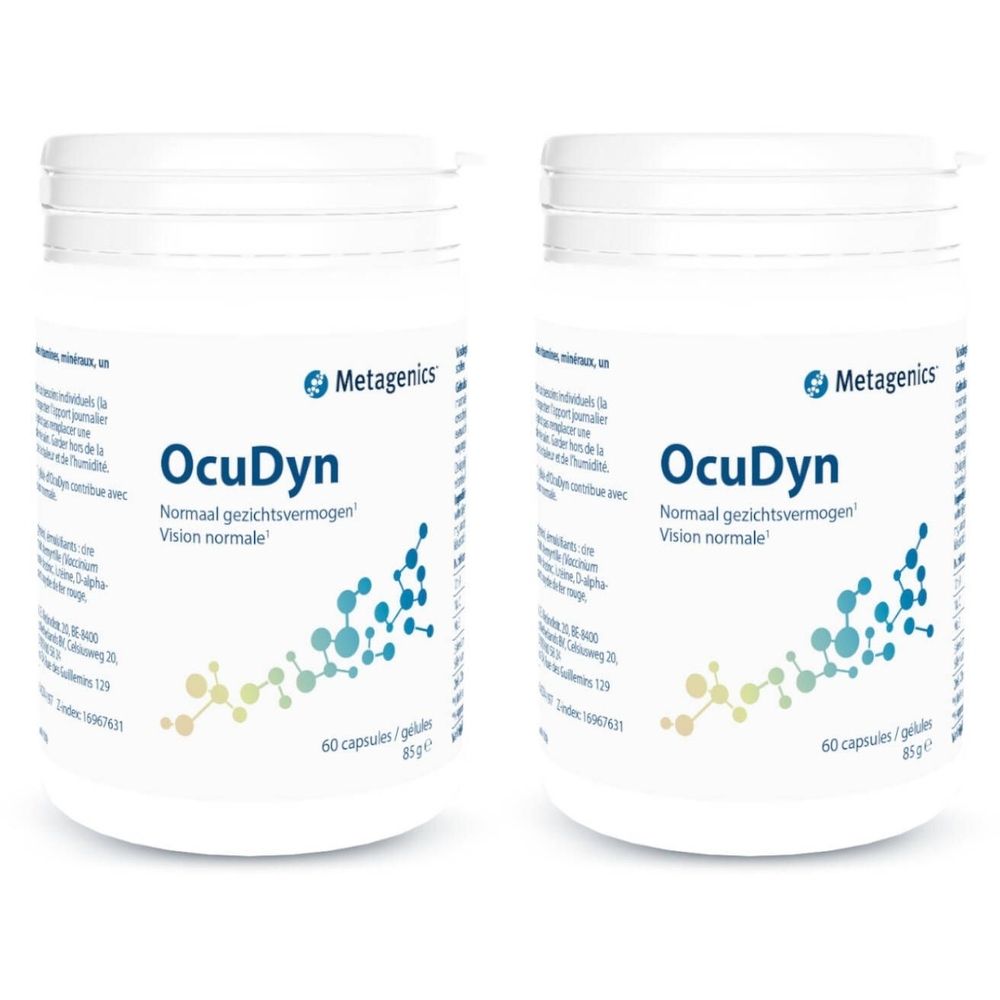 Zwei weiße Behälter mit dem Produktnamen OcuDyn und dem Markennamen Metagenics. Aufschrift: Normaal gezichtsvermogen, Vision normale.