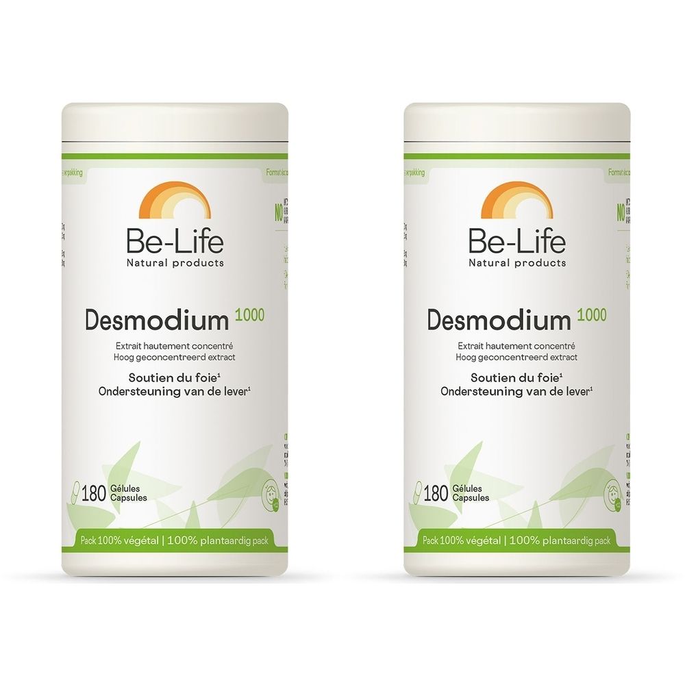 Zwei weiße Behälter mit grünem Etikett. Aufschrift: Be-Life Desmodium 1000. Enthält 180 Kapseln. Text in Französisch und Niederländisch.