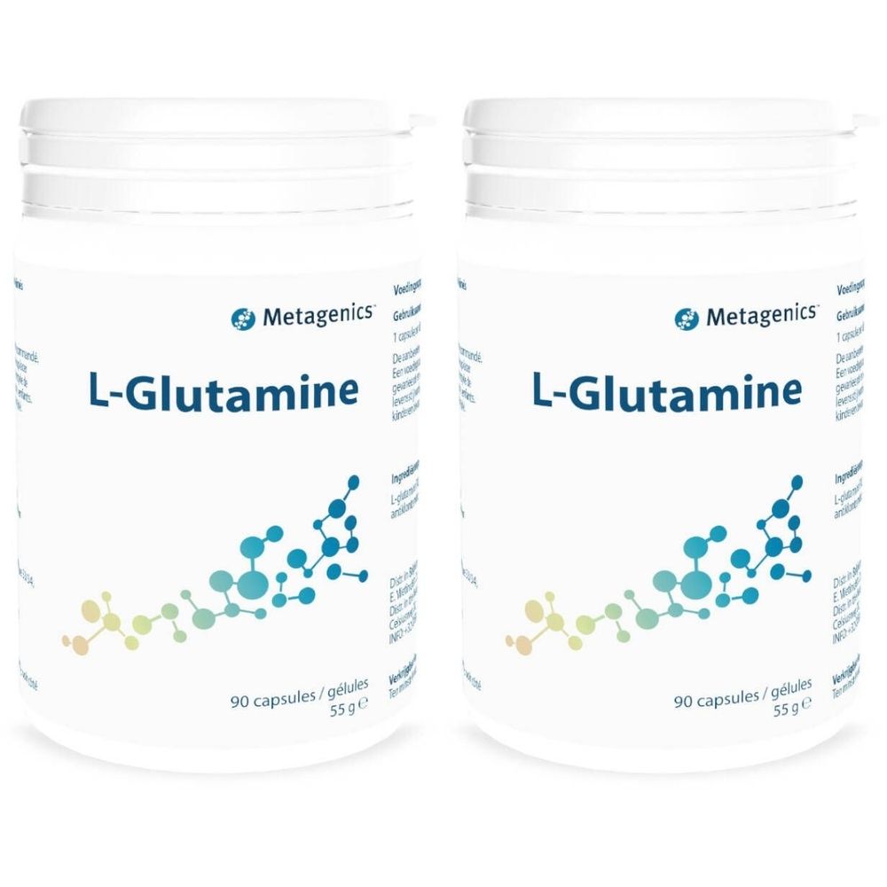 Zwei weiße Behälter mit dem Aufdruck "L-Glutamine" und dem Logo von Metagenics. Aufschrift: 90 Kapseln/gélules, 55 g.