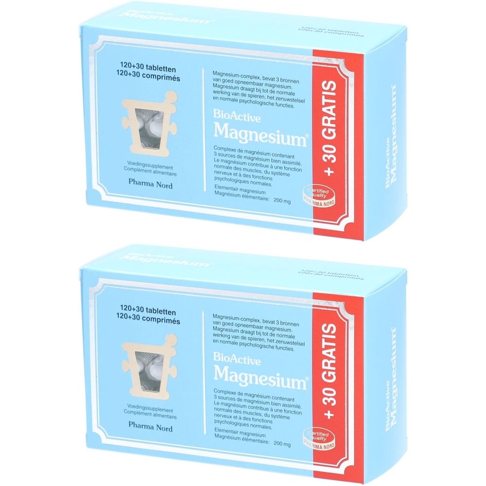 Zwei hellblaue Schachteln mit "BioActive Magnesium"-Aufdruck. Aufschrift: "+30 GRATIS".