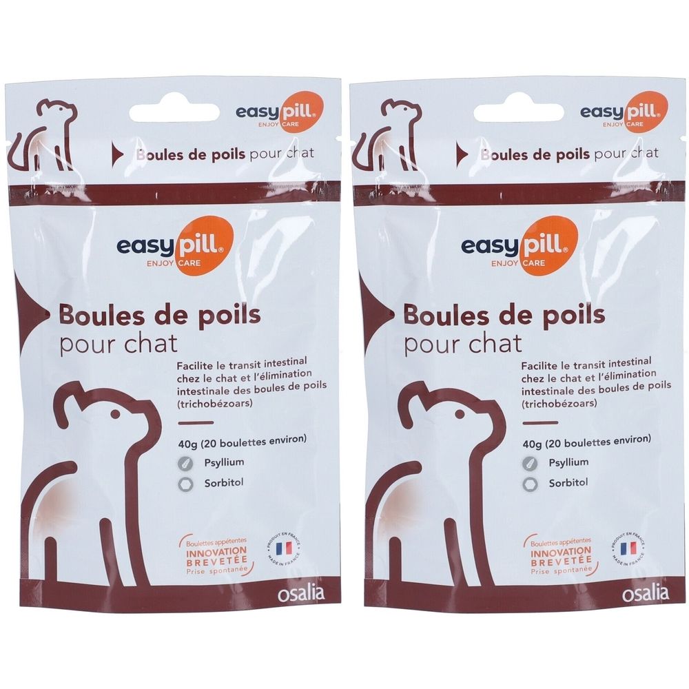 Zwei Beutel mit "easy pill"-Produkt für Katzen. Aufschrift: "Boules de poils pour chat". Enthält Psyllium und Sorbitol.