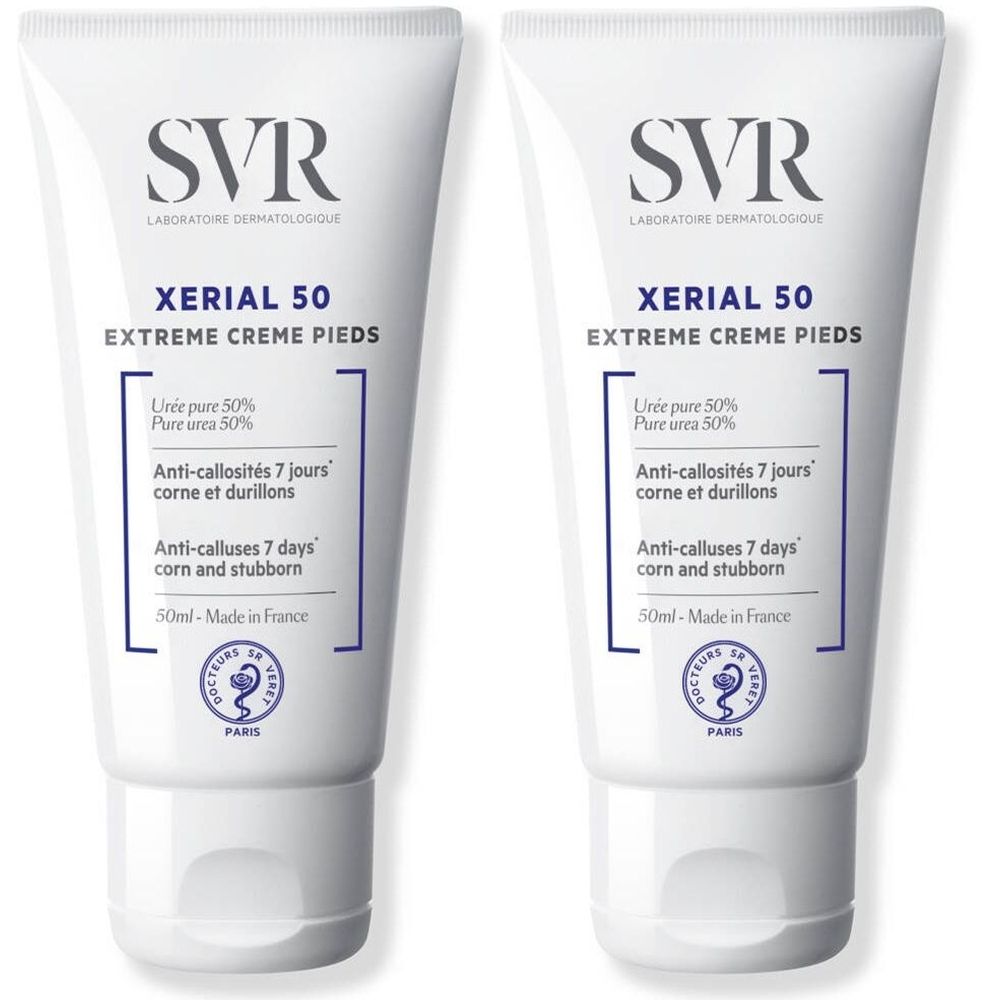 Deux tubes de crème. Inscription: SVR XERIAL 50 Extreme Crème Pieds. Contient 50% d'urée pure. Anti-callosités.