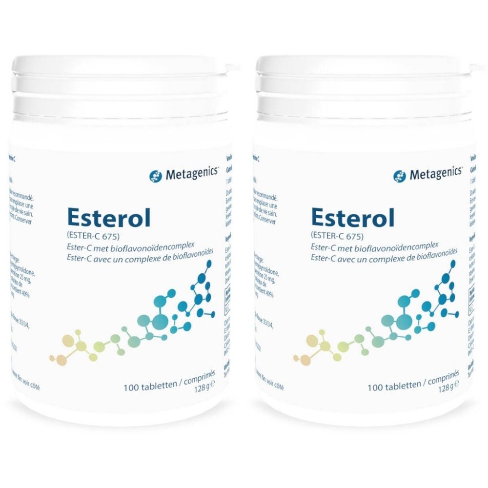 Zwei weiße Behälter mit dem Produktnamen Esterol und dem Logo von Metagenics. Aufschrift: 100 Tabletten/comp. 128g.
