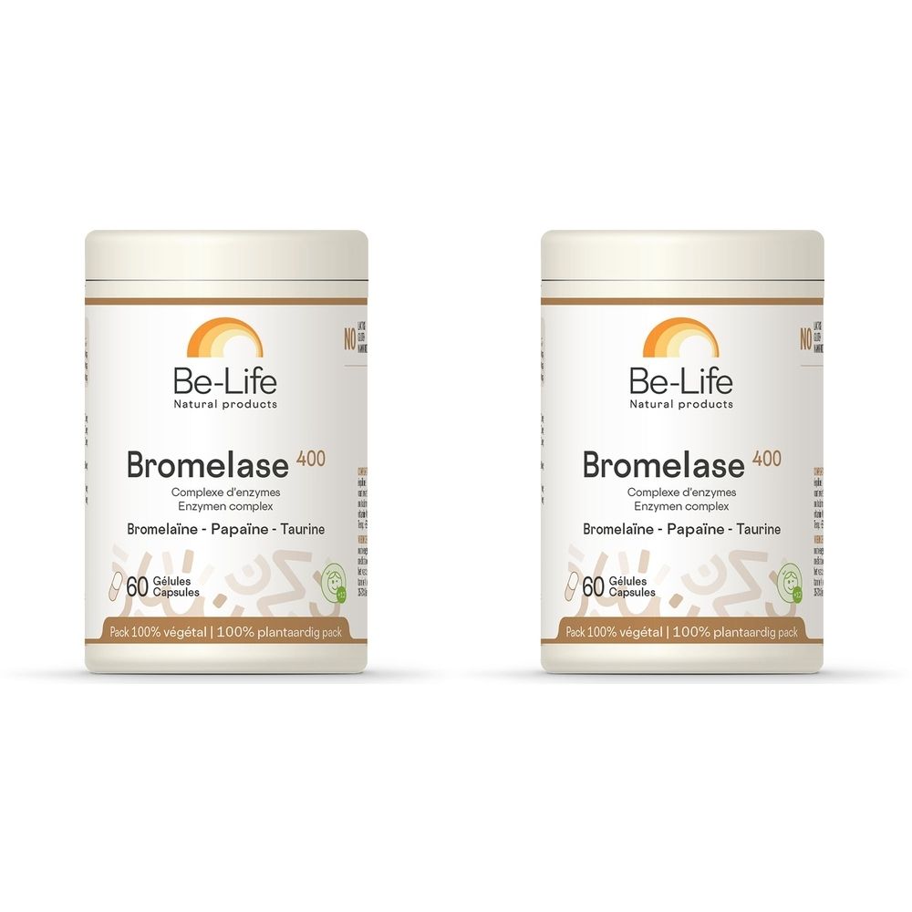 Zwei weiße Behälter mit der Aufschrift "Be-Life Bromelase 400". Aufschrift: "60 Kapseln".