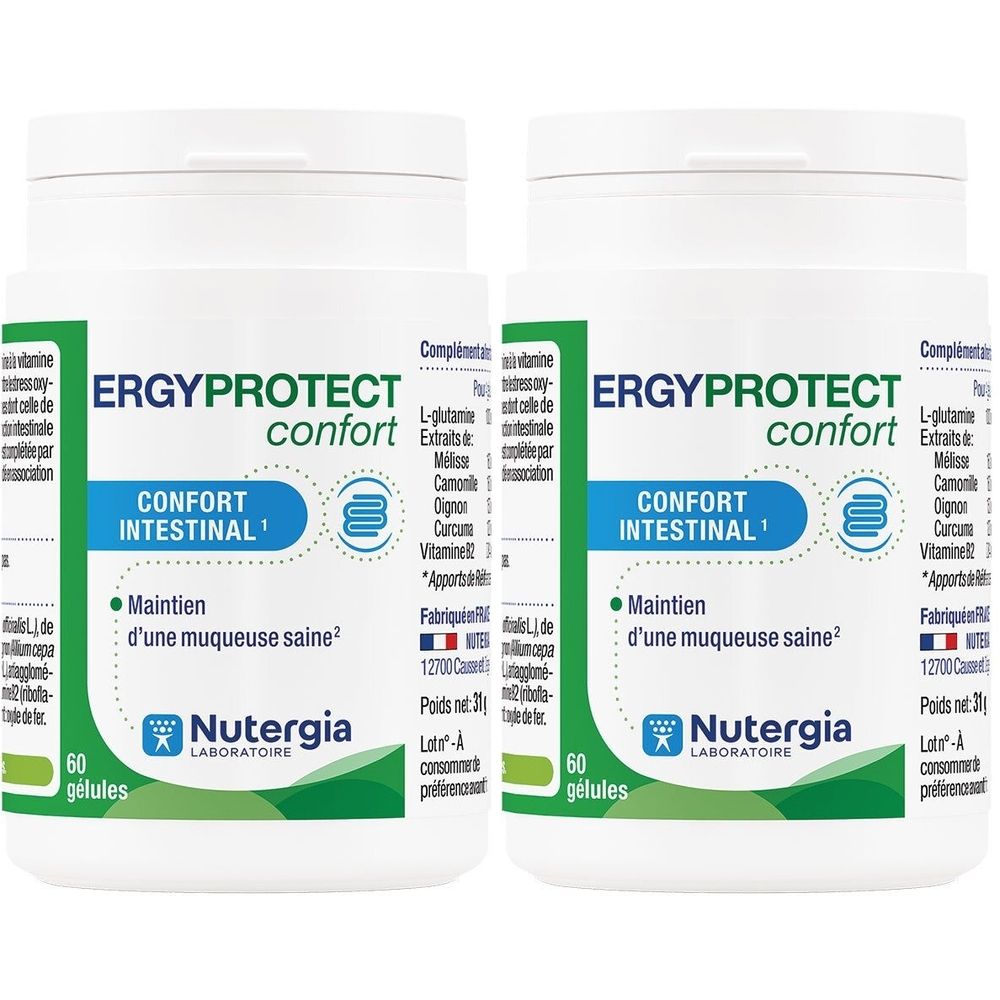 Deux flacons blancs avec étiquettes vertes. Inscription : ERGYPROTECT confort, CONFORT INTESTINAL, Nutergia Laboratoire. 60 gélules.