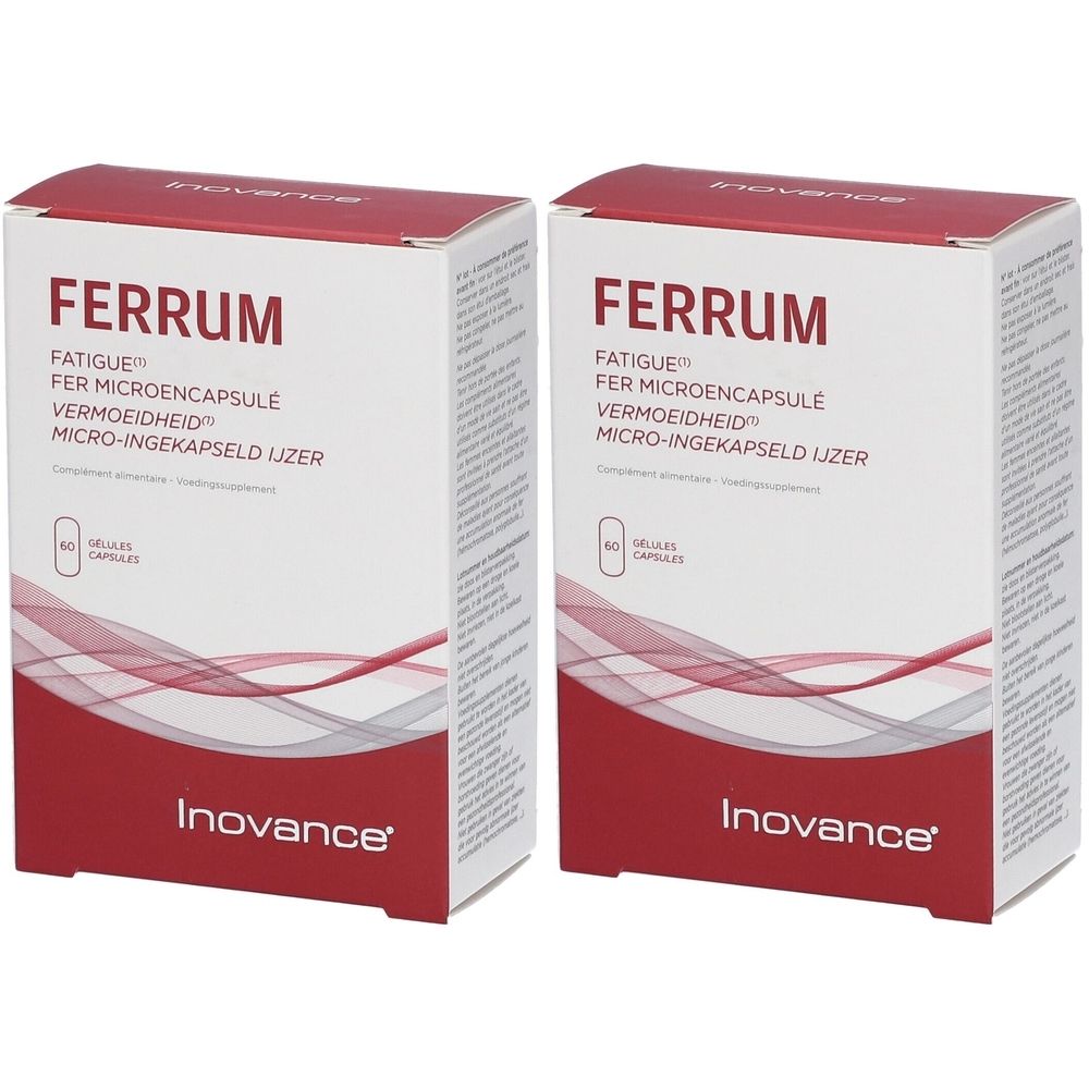 Zwei Schachteln Inovance Ferrum. Aufschrift: Ferrum, Fatigue, FER Microencapsule, Vermoeidheid, Micro-ingekapseld IJzer. Marke Inovance.