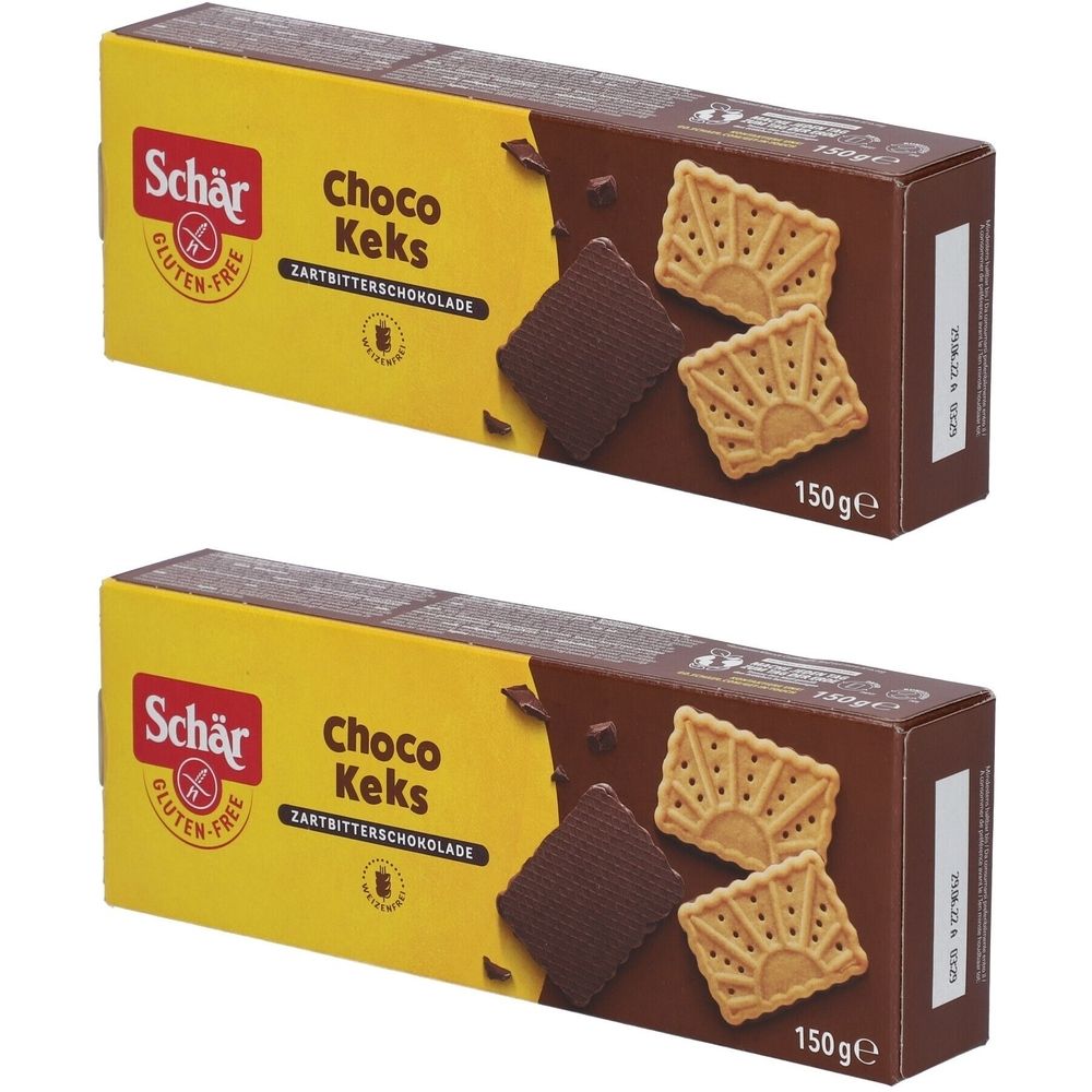 Deux boîtes de biscuits Schär Choco Keks. Emballage jaune et marron. Logo sans gluten. Inscription: Zartbitterschokolade. 150g.