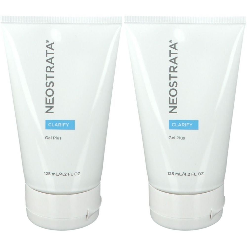 Deux tubes blancs avec texte bleu: NEOSTRATA, CLARIFY, Gel Plus. En bas: 125 ml/4.2 FL OZ. Bouchon blanc.